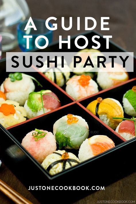 Planning to host a Sushi Party? Here’s a comprehensive guide just for you.  You’ll learn how to make sushi rice, selection of sushi to serve, equipment & tools, snack & beverage ideas and many other useful tips for a successful sushi feast. | Easy Japanese Recipes at JustOneCookbook.com #sushi #sushirecipes #sushiparty #partyideas #japanesenewyear Sushi Birthday Party Ideas For Adults, Sushi Night Party, Sushi Graduation Party, Diy Sushi Party, Japanese Food Party, Make Your Own Sushi Party, Sushi Charcuterie Board Ideas, Sushi Board Ideas, Sushi Ideas Creative