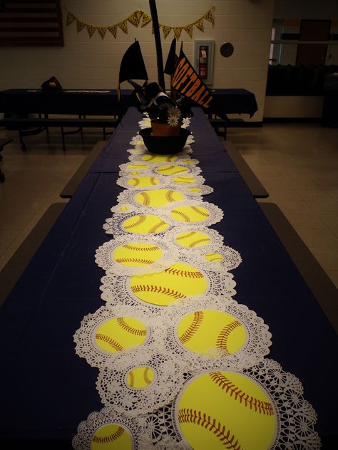 Table Runners I made for a Softball Banquet. Signing Day Table Ideas Softball, Athletic Banquet Table Decorations, Softball Themed Party, Soccer Team Banquet Ideas, Senior Night Decorations Softball, Athletic Banquet Ideas, Softball Table Decorations, Softball Banquet Decorations, End Of Season Softball Party Ideas