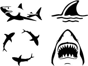 Shark Decals 4 Pack: Detailed Shark, Sharks Circling, Shark Fin, Shark Surfacing (Black, Large ~ 5") Sharks Circling, Grandchildren Tattoos, Shark Painting, Black Water Bottles, Shark Drawing, Small Shark, Pop Art Images, Nail Stencils, Alien Tattoo