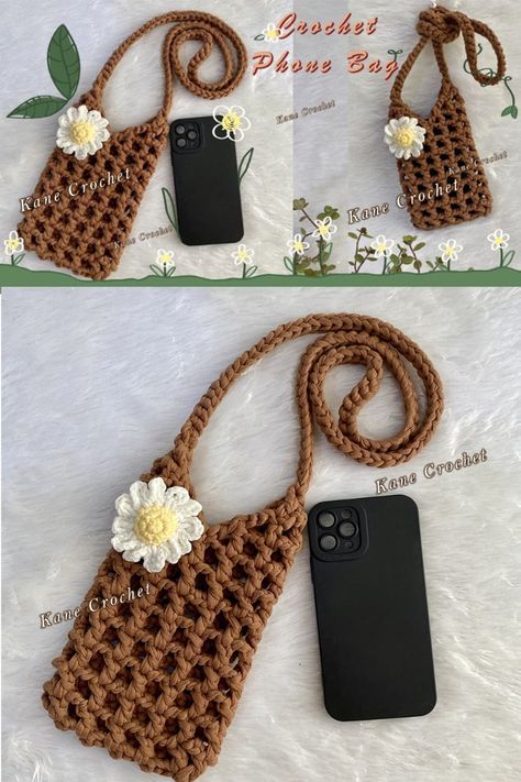 Crochet Phone Bag Tutorial | Net Bag | Crochet Daisy 🌼🌼 How to Crochet Mobile Phone Bag 🌼🌼 Crossbody Bag 🌼🥰💖  Materials 🥰💖 1. Fabric Yarn size 20 mm. 2. Cotton Yarn 4ply size 2 mm. 3. Crochet Hook No.5  size 3 mm. 4. Crochet hook No.10 size 6 mm. 5. Polyester fiber 6. Scissors 7. Needle  Finished size: Height 16 cm. Width 9 cm. Crochet Cellphone Bag, Phone Cover Crochet, Crochet Phone Bag Pattern, Crochet Phone Purse, Phone Pouch Crochet, Crochet Mobile Pouch, Net Bag Crochet, Crochet Mobile Cover, Crochet Phone Pouch