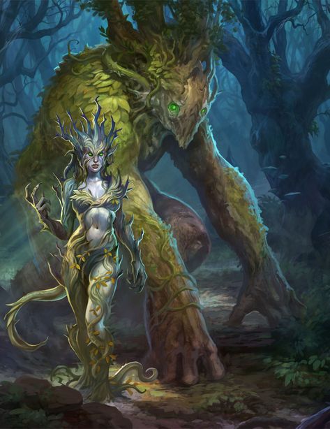 Dryad Illustration, Dryad Warrior, Dryad Dnd, Plant Warrior, Ranger Rpg, Wood Elves, Beast Creature, Monster Characters, Forest Creatures