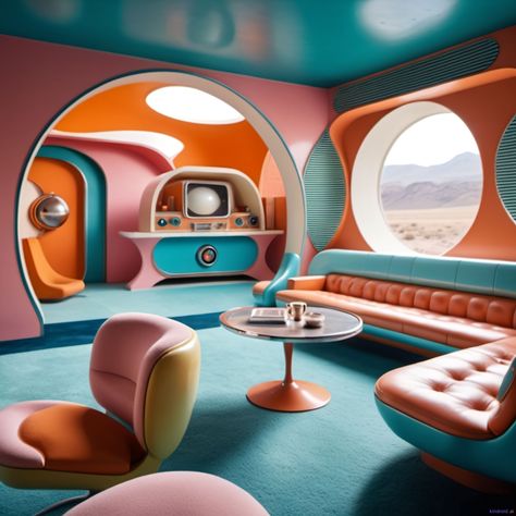 Spaceship Inspired Interior, Rounded Interior Design, Futuristic 60s Interior Design, Retro Futuristic Photoshoot, Futuristic Retro Interior, Retro Futurism Interior Design, Space Shuttle Interior, Retro Futurism Interior, Futuristic Office Design