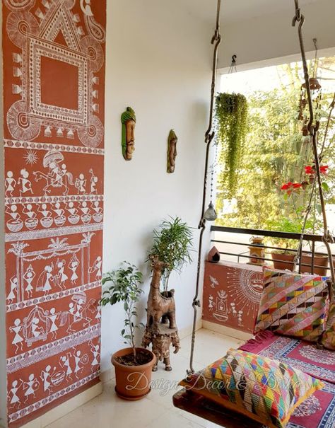 Design Decor & Disha: Indian Balcony Decor, Balcony Decor, Balcony Grden, Garden Accessories, Warli Painting On Wall, Indian Balcony Decor, Indian Balcony, Door Painting, Indian Room, Ethnic Home Decor, Style Deco, Painting Furniture Diy, Indian Decor, Balcony Design