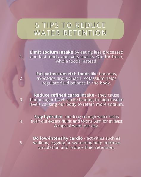 Water retention (also referred to as edema) is a the accumulation of excess fluid in the body's tissues. This causes puffiness and can affect your whole body.
Water retention can affect anyone, regardless of age, weight, gender, or fitness level. But, it can be reduced and managed through some lifestyle adjustments.
Swipe to check out our top 5 tips to reduce water retention and if you want to read about this in much more detail, check out our full blog post - follow the link in the post xx Remedies For Water Retention, Rachael Attard, Low Intensity Cardio, Reduce Water Retention, Potassium Rich Foods, Sodium Intake, Water Per Day, Lifestyle Change, Body Tissues