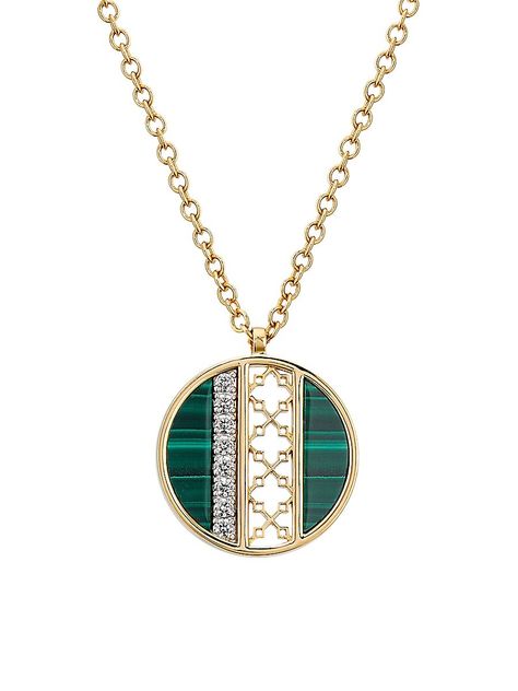 "Find BIRKS Dare To Dream 18k Yellow Malachite & 0.14 Tcw Diamond Pendant Necklace on Editorialist. From the Dare to Dream Collection. Birks' striking necklace is crafted of 18K yellow gold. This piece showcases a disc pendant with the label's signature Muse mesh motifframed by columns of malachite and brilliant diamonds. Malachite Diamonds, 0.14 tcw Diamond color grade: Gh-Vs 18K yellow gold Lobster clasp Made in Italy SIZE Adjustable chain, about 15\"-16\"-17\" L. Birks. Color: Gold." The Dare, Fancy Jewelry Necklace, Dare To Dream, Malachite Pendant, Malachite Rings, Diamond Color Grade, Jewellery Sketches, Yellow Gold Jewelry, Disc Pendant