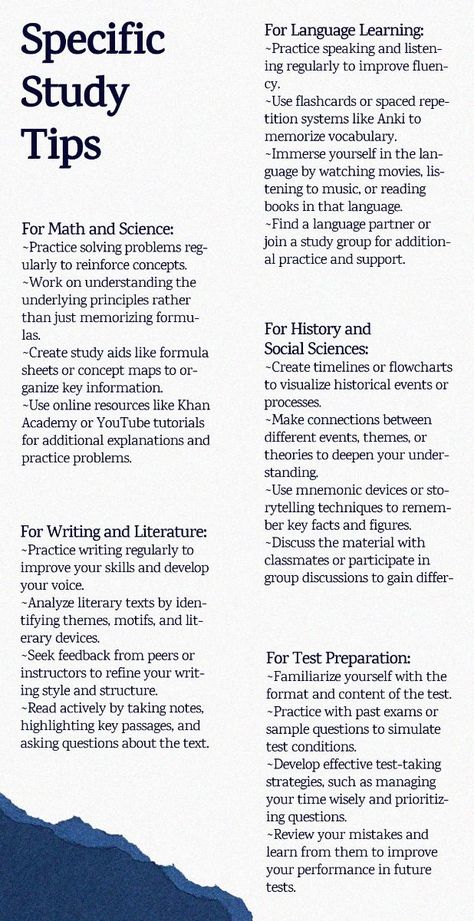 a brochure with the words specific study tips written in black and white on it Study Tips For Different Subjects, University Tips Study, Tips For Academic Success, Studying For Math Exam, College Study Inspiration, How To Learn Social Studies, Academic Tips College, Tips For Studying Science, Study Guides Ideas