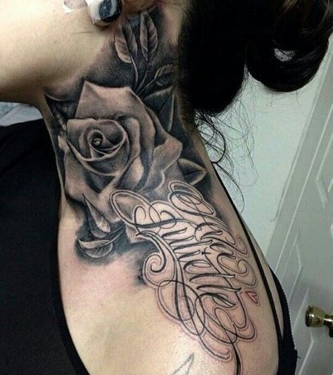 Women’s Neck Tattoo Ideas, Women's Neck Tattoos, Women Neck Tattoo Ideas Side, Neck To Shoulder Tattoo, Big Neck Tattoos Women, Neck Tattoo Cover Up, Neck Tattoo Women, Black And Grey Rose Tattoo, Rose Neck Tattoo