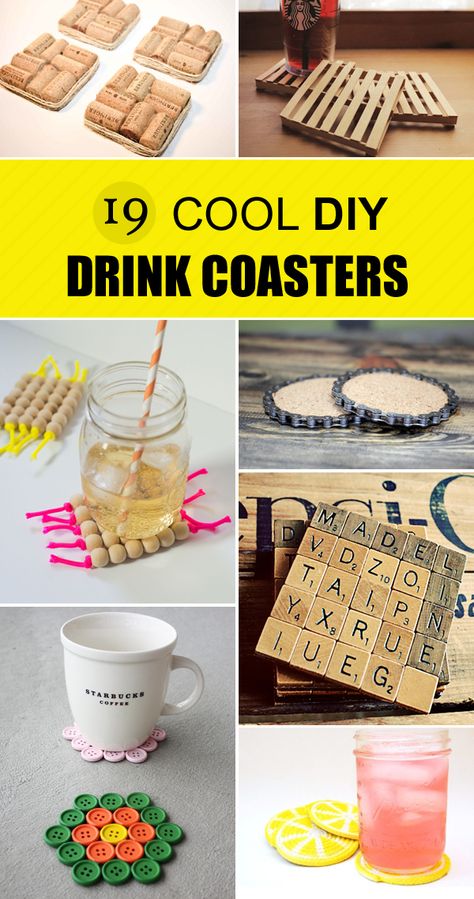 19 Cool DIY Drink Coasters Coasters Diy, Coaster Crafts, Cool Coasters, Diy Drinks, Diy Coasters, Coaster Furniture, Cork Coasters, Diy Home Decor Easy, Diy Table