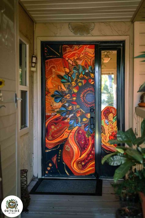 25 Absolutely Gorgeous Front Door Decor Ideas Wallpaper Front Door, Funky Door Painting, Mural Door Painted, Unique Interior Door Painting Ideas, Funky Door Design, Painted Doors Interior Creative Wall Art, Hand Painted Doors, Front Door Mural, Painting Inside Front Door