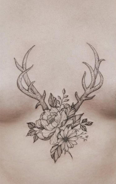 #Antlers #flowers #chest Hirsch Tattoo Frau, Antler Tattoos, Antler Tattoo, Stomach Tattoos Women, Tattoo Forearm, Marquesan Tattoos, Tattoos Skull, Stomach Tattoos, Sternum Tattoo