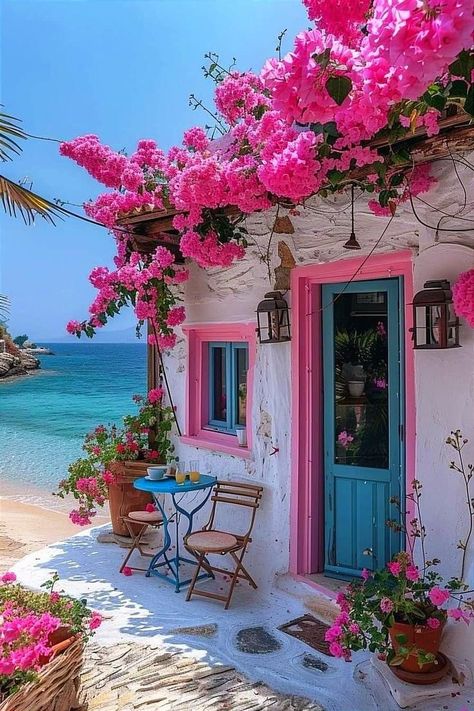 Pink Mediterranean Aesthetic, نباتات منزلية, Dream Life House, Colorful Places, Dream Beach, Pink Houses, Bougainvillea, Jolie Photo, Beautiful Places To Travel