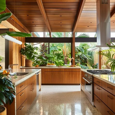 Teak Kitchen Cabinets Mid Century, Eco Mid Century Modern, Nature Inspired Kitchen Design, Mid Century House Renovation, Asian Mid Century Modern, Mid Century Style Kitchen, Midcentury Kitchen Ideas, 70s Mid Century Home, Kitchen Island Mid Century