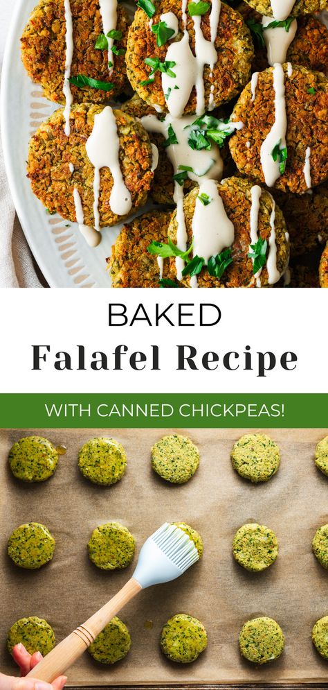 Craving a delicious and healthy Middle Eastern dish? You need to try this easy baked falafel recipe using canned chickpeas! These crispy and flavourful falafels are made with simple ingredients like canned chickpeas, fresh herbs, and spices, and they're baked instead of fried for a healthier twist. Perfect for a vegan wrap, pita sandwich, or salad topping, these oven-baked falafels are a great source of protein and can be made in 30 minutes. Try quick and easy baked falafels today! Easy Vegan Falafel Recipe, Airfry Falafel Recipe, Easy Baked Falafel, Easy Falafel Recipe Baked, Simple Falafel Recipe, Baked Falafel Recipe Canned Chickpeas, Easy Falafel Recipe Canned Chickpeas, Falafel Recipe Vegan, Gluten Free Falafel Recipe