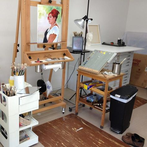 Oil painting area Studio At Home, Small Art Studio, Studio Apartment Design, Workspace Desk, Art Studio Organization, Christopher Guy, Art Studio Design, Studio Desk, Tiny Studio