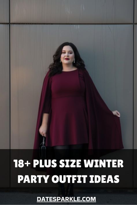 Plus-size woman in a burgundy dress and cape, promoting winter party outfit ideas. Plus Size Anniversary Outfit, Semi Formal Outfits For Women Plus Size, Plus Size Classy Outfits, Winter Party Outfits, Party Outfit Ideas For Women, Plus Size Shorts Outfit, Winter Shorts Outfits, Semi Formal Outfits For Women, Holiday Party Outfit Work