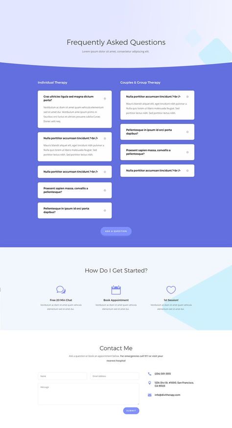 One of the many stand-out features of this layout pack are the gorgeous header sections, especially on the home and landing pages. The color scheme is soft and warm which is perfect for a therapist site. And the graphics and images included create delightful illustrations to accent the content. I particularly love the featured services layout and the use of parallax on a few of the subtle background images. Faq Website Design Layout, Faqs Web Design, Faq Page Design Website, Faq Ui Design, Faq Website Design, Faq Design Layout, Contact Info Design, Faq Page Design, Faq Design