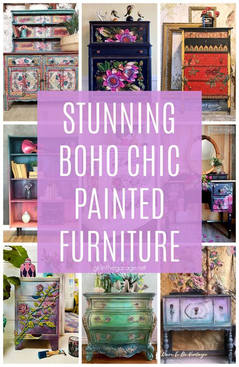 Boho Painted Furniture, Furniture Makeover Ideas, Redone Furniture, Diy Anthropologie, Painted Wardrobe, Upcycled Ideas, Using Stencils, Unicorn Spit, Bohemian Furniture