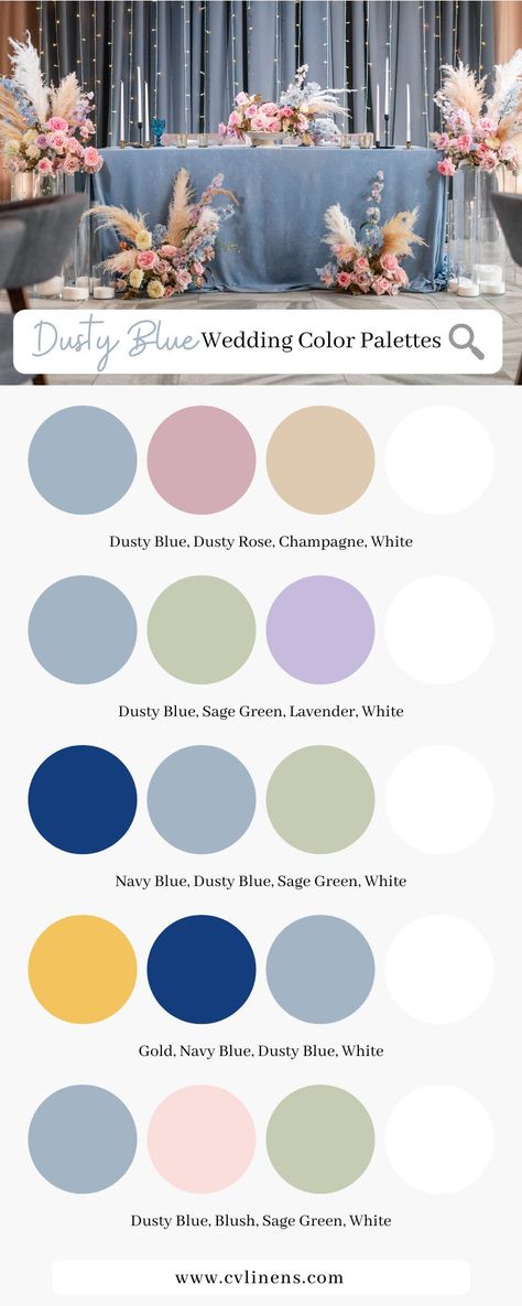 The ultimate dusty blue wedding color schemes for spring and summer 2021 tips and tricks from CV Linens. Click to shop our collection of wedding linens, tablecloths, table skirts, backdrop drapes, centerpieces, and more affordable party supplies in the color dusty blue! Dusty blue wedding color combos and dusty blue color palette for spring weddings, summer weddings, fall weddings and even winter weddings! dusty blue wedding, dusty blue wedding theme Wedding Palette Dusty Blue, Summer Dusty Blue Wedding, Color Schemes For Summer Wedding, Blue Color For Wedding, Dusty Blue Color Scheme Wedding, Steel Blue Wedding Colors Colour Palettes, 2023 Wedding Colors Summer, Steel Blue Color Palette Wedding, Blue Pallete Wedding