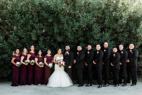 Maroon Black Wedding Theme, Black And Burgundy Bridal Party, Black And Burgundy Wedding Party, Black And Burgundy Groomsmen Attire, Maroon Groom Suit Bridesmaid Dresses, Maroon Bridal Party, Burgundy Bridal Party, Latino Wedding, Wedding Party Colors