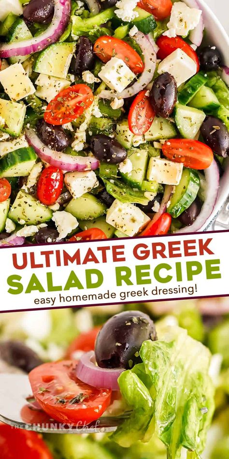 This perfect Greek salad comes together in just 10-15 minutes, and uses a homemade Greek dressing that's so much better than anything from a bottle. Perfect with lettuce or without, it's a delicious summer salad, and a great use for seasonal produce! #salad #greek #homemade Classic Greek Salad, Homemade Greek Dressing, Greek Salad Recipe, Mediterranean Diet Recipes Dinners, Greek Dressing, Easy Mediterranean Diet Recipes, Fresh Salad Recipes, Greek Salad Recipes, Best Salad Recipes