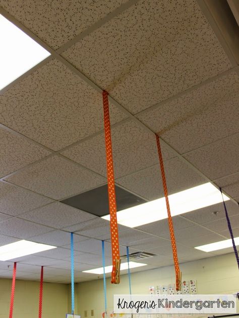 Ceiling RIbbons! (all grades). Ceiling Crafts For Classroom, Things To Hang From Ceiling In Classroom, Classroom Mobile Ideas For The Ceiling, Classroom Hanging Decorations Ceilings Decorating Ideas, Hanging Things From Ceiling In Classroom, Hanging Student Work, Classroom Ceiling, Ceiling Hangers, Core Words