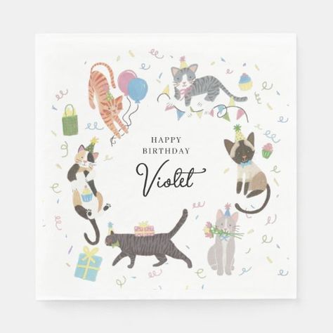 Cat-tastic Purrfect Birthday Party Custom for $48.50 - Birthday Paper Napkins Cat Themed Birthday Party, Kitty Kisses, Kitten Lover, Custom Napkins, Holiday Invitations, Christmas Invitations, Party Napkins, Birthday Design, Birthday Gifts For Girls