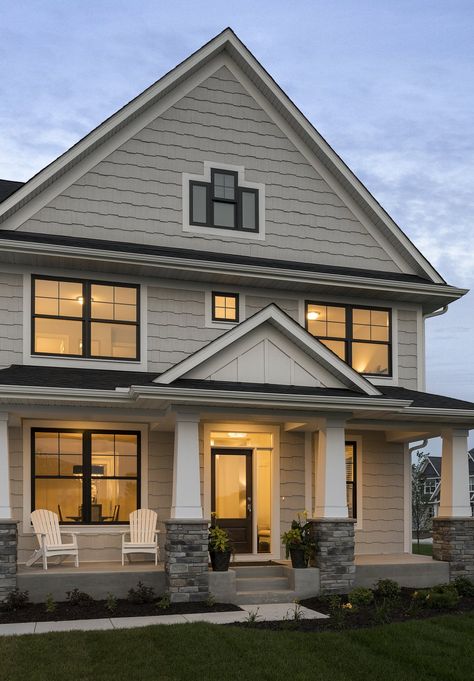 Exterior House Colours With Black Windows, House Color With Black Windows, Craftsman With Black Windows, Tan House Black Accents Exterior, Black House Windows Exterior, Ranch House Black Windows, Lake House Black Windows, Black Windows With White Trim Exterior, Siding Colors With Black Windows