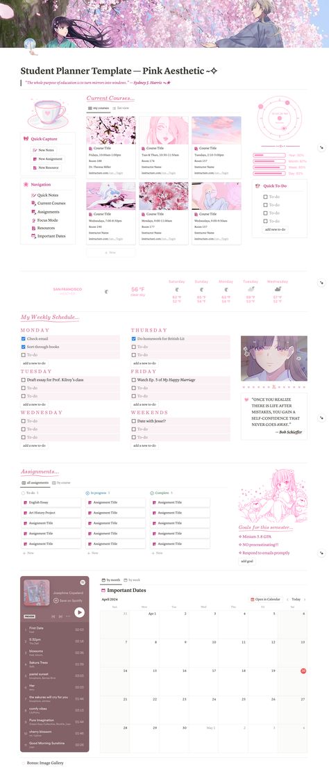 Student Planner Notion Template Pink Aesthetic #notion #pink #studentplanner #academics #studying #anime #kawaii #pinkanime #myhappymarriage #cutenotion #notiondashboard Notion Kawaii, Aesthetic Notion Template For Students, Cute Notion Template, Pink Aesthetic Notion, Notion Student Template, Wonyoungism Notion Template, Notion Anime Tracker, Pink School Notion Template, Notion Daily Planner Template