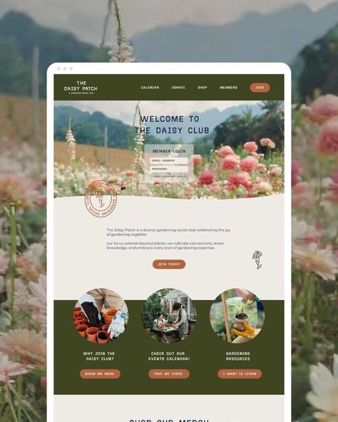 Introducing… a custom website design for The Daisy Club, a social garden club. If you haven’t already heard, I’m launching custom website design services this Spring! 🌸 👉🏻 Since this is a new offer, I am going to have a couple of beta slots available which will be at a reduced price. If you have been thinking of building a website and DIYing your website feels overwhelming, I’d be honored to work with you! Stay tuned for more info! 😄 #websitedesign #webdesigner #websitetemplate Nice Website Design, Olive Green Website Design, Cottage Core Website Design, Landscape Design Website, Park Website Design, Botanical Website Design, Blue And Green Website Design, Fresh Website Design, Garden Branding Design