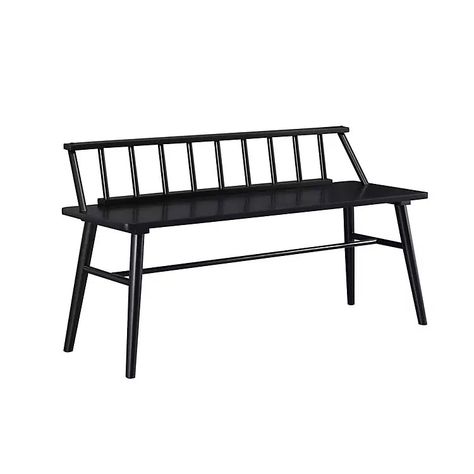 The Black Wood Low Back Spindle Bench exudes transitional style and classic simplicity. The spindle back and angled legs nod to mid-century modern influences. Spindle Bench, Wood Silhouette, Bench With Back, Farmhouse Bench, Entry Bench, Long Bench, End Of Bed Bench, Bed Bench, Entryway Hallway