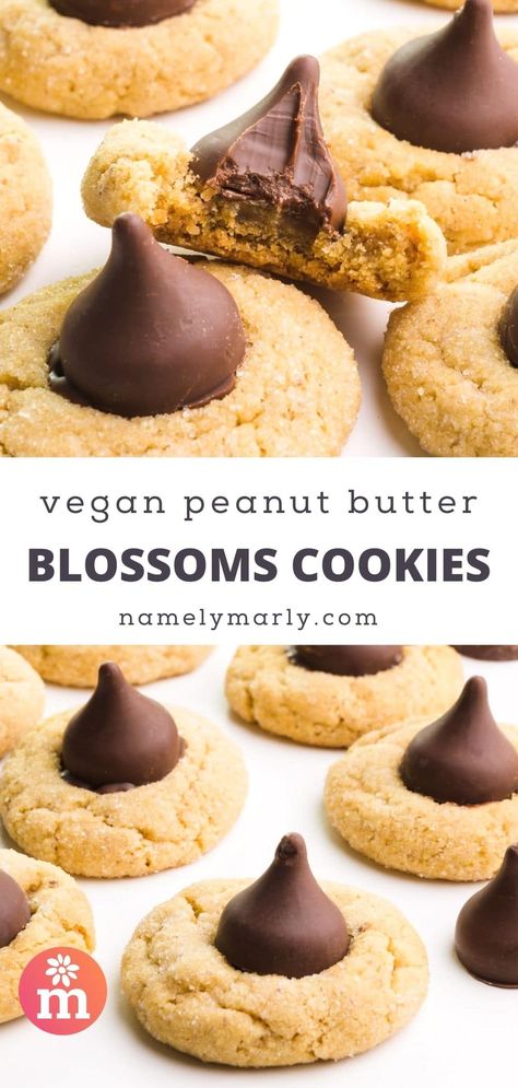 Soft and tender vegan peanut butter blossoms cookies offer bite-size deliciousness infused with peanut butter and chocolate.

#vegancookies #veganpeanutbutterblossoms #peanutbutterblossoms #namelymarly Vegan Peanut Butter Blossoms, Peanut Butter Blossoms Cookies, Blossoms Cookies, Vegan Pot Pie Recipe, Vegan Ganache, Vegan Peanut Butter Cups, Vegan Pot Pies, Christmas Cookie Recipes Holiday, Peanut Butter Blossom Cookies