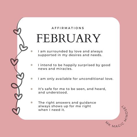 Here are some affirmations to play around with this month. Let me know which one resonates with you most. #mkmagicmindset #affirmationsoftheday #affirmationoftheday #monthlyaffirmation #affirmationpositive #positiveaffirmations February Positive Affirmations, Monthly Affirmations January, February Affirmations, New Month Affirmations, Month Affirmations, Monthly Affirmations, February Quotes, Affirmations Confidence, 2025 Ideas