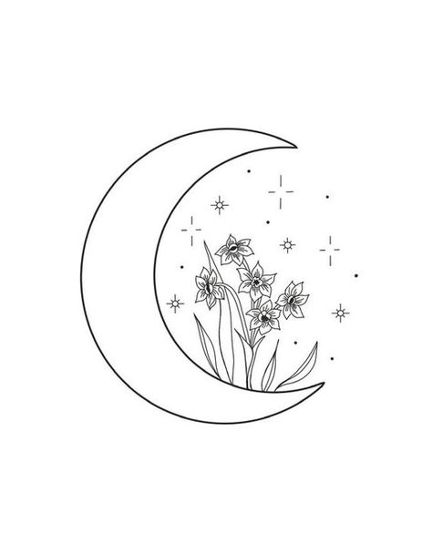 Moon Aesthetic Drawing, Moon Drawing Simple, Men Tattoos, Floral Moon, Moon Drawing, Moon Pictures, Moon Illustration, Pola Sulam, 자수 디자인