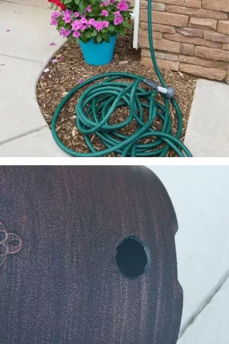 Learn how to make a hose pot for cheap with this easy diy tutorial. Upgrade your outdoor curb appeal and hide an ugly hose with this cheap diy hose pot idea. Flower Pot Tower, Candle Holder Makeover, Hose Pot, Outdoor Curb Appeal, Kill Weeds Naturally, Diy Stock Tank, Fairy Lights In Trees, Gutter Garden, Diy Spray Paint