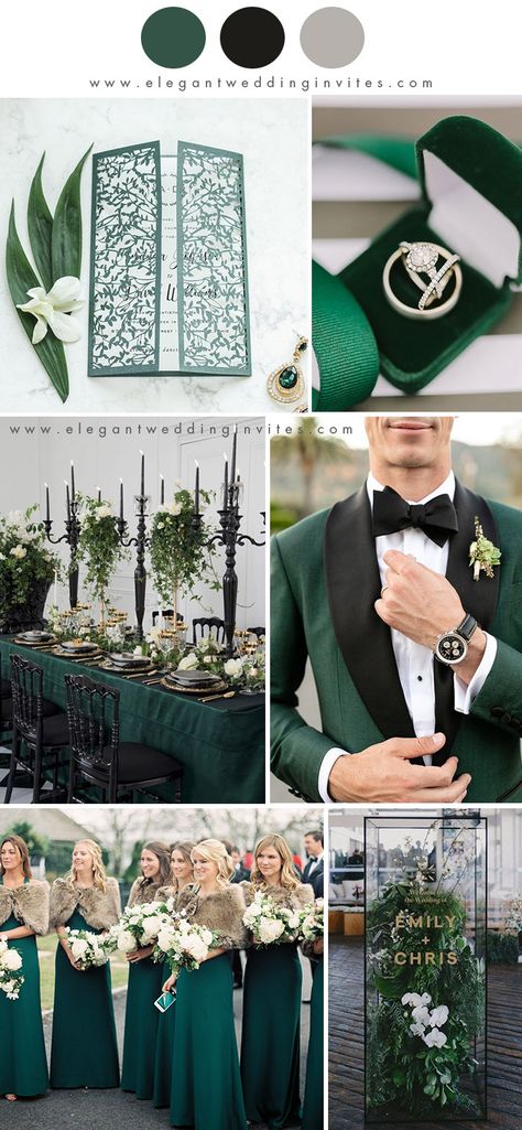 Wedding Color Palette Archives - Page 4 of 30 - Elegantweddinginvites.com Blog Black Winter Wedding, Winter Wedding Color Palette, Dark Green Wedding, Wedding Color Palettes, Wedding Boards, Green Weddings, Green Themed Wedding, Emerald Green Weddings, Green Wedding Colors