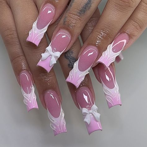 ig: nailsxomari Gum Gel Nail Designs, Girly Acrylic Nails Designs, Hard Nails Designs, Pink Freestyle Nails, Basic Nail Art Designs, Coquette Nails, Purple Acrylic Nails, Acrylic Toe Nails, Hard Nails