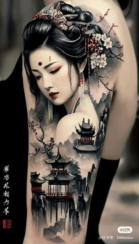 Japanese Tattoo Designs Geisha, Japanese Tattoo Art Geisha, Petals Tattoo, Female Samurai Tattoo, Japanese Geisha Drawing, Tato Geisha, China Tattoo, Japanese Geisha Tattoo, Geisha Samurai