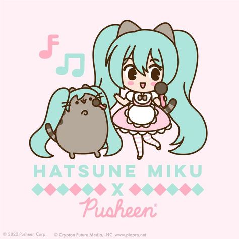 Pusheen Hatsune Miku, Miku X Sanrio, Pusheen X Hatsune Miku, Hatsune Miku Sanrio, Hatsune Miku Official Art, Pusheen Characters, Miku X Pusheen, Pusheen Poster, Hatsune Miku Halloween