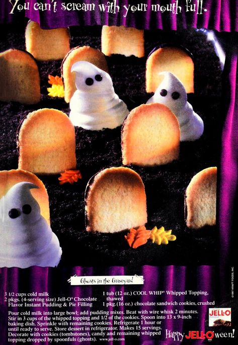 Make a delicious, chocolate Ghosts in the Graveyard Halloween dessert with pudding & cookies (1997) - #halloween #halloweendesserts #halloweenrecipes #oreorecipes #ghostrecipes #clickamericana #vintagerecipes #puddingrecipes #oreorecipes #chocolaterecipes #vintagedesserts #vintagehalloween #clickamericana Dessert With Pudding, Graveyard Dessert, Chocolate Ghosts, Ghosts In The Graveyard, Halloween Cake Recipes, Fun Halloween Desserts, Spooky Halloween Desserts, Graveyard Halloween, Halloween Deserts