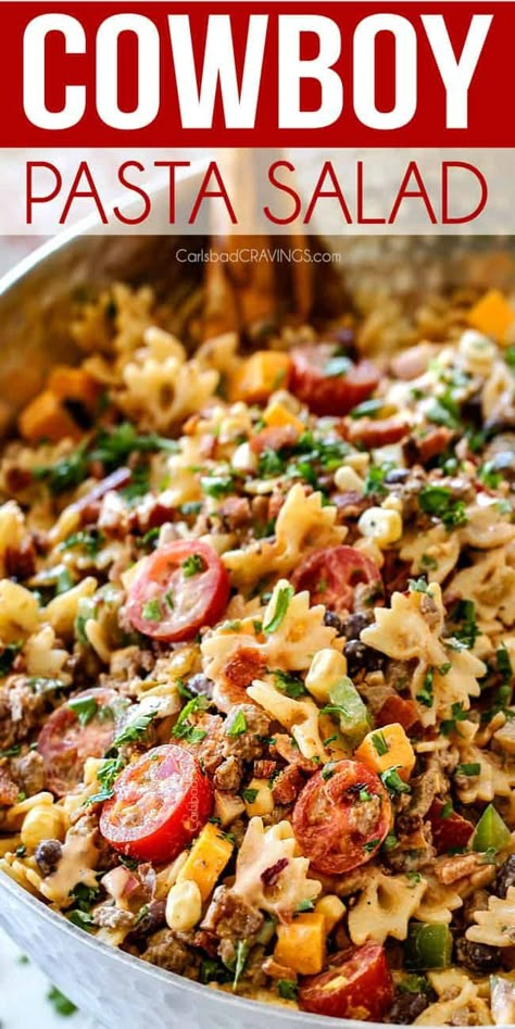 Cowboy Pasta Salad with the BEST Dressing! - Carlsbad Cravings Cowboy Pasta Salad, Cowboy Dinner, Cowboy Pasta, Cowboy Salad, Family Pasta, Resep Pasta, Resep Salad, Carlsbad Cravings, Best Pasta Salad