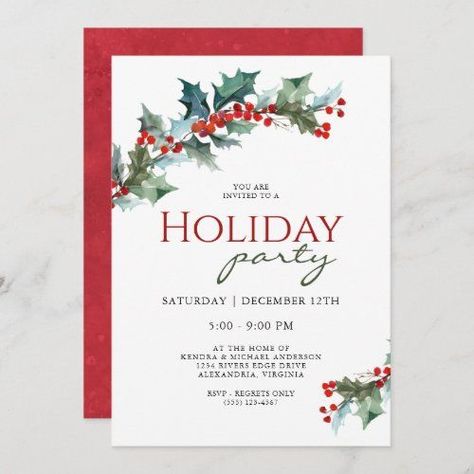 $2.92 | Festive Holly Botanical Holiday Party #christmas party, holly and berries, watercolor, botanical, red and green, traditional, elegant, modern trendy stylish, corporate or private holiday event, evergreens holiday party invite Open House Christmas Party, House Christmas Party, Holiday Open House Invitations, Open House Parties, Holiday Open House, Open House Invitation, Holiday Party Invitation, Holiday Invitations, Holiday Party Invitations