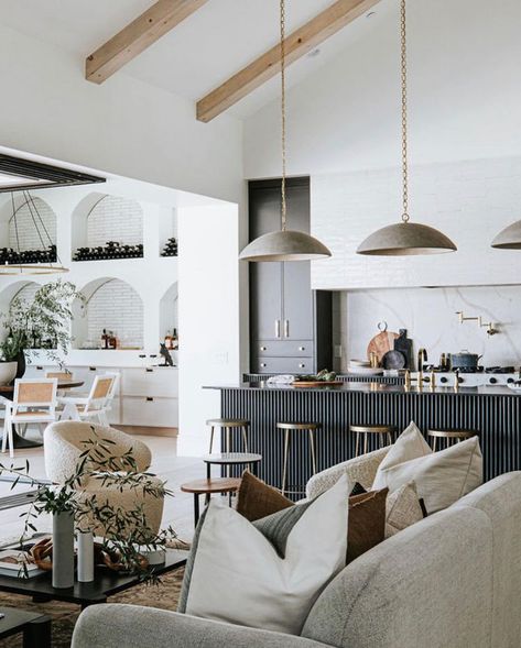 Kristen Forgione - Design (@kristenforgione) • Instagram photos and videos Moody Kitchen Pendant Lights, The Lifestyled Co 64th Build, Moody Living Room Kitchen, The Lifestyled Co Kitchen, Open Airy Kitchen, Modern Scandinavian Living Room Grey, Home Decor Moody, Moody White Kitchen, Asymmetrical Vaulted Ceiling