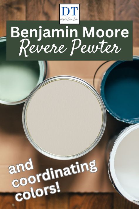 Benjamin Moore's Revere Pewter is one of their most popular colors and it's easy to see why! Considered a "greige," a cross between gray and beige, this versatile color goes well with almost any color scheme. If you need ideas for Revere Pewter coordinating colors, I've gotcha covered! Check out why homeowners love this color for their kitchen cabinets, bathrooms, trim, living rooms and more! Revere Pewter Cabinets With Butcher Block, Wall Color For Revere Pewter Cabinets, Sw Revere Pewter Cabinets, Coordinating Colors With Revere Pewter, Kitchen Cabinet Accent Color, Colors That Compliment Revere Pewter, Revere Pewter And Green Color Scheme, Bm Revere Pewter Coordinating Colors, Revere Pewter Board And Batten