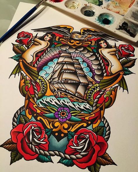 Tattoo Ship, Tato Irezumi, Old Style Tattoos, Nautical Sleeve, Mangas Tattoo, Backpiece Tattoo, Vintage Tattoos, Pirate Tattoo, Traditional Style Tattoo