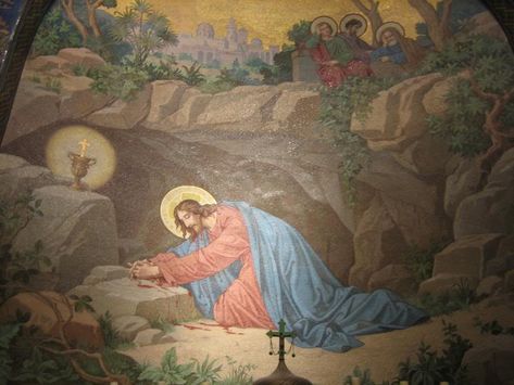 A Meditation on the First Sorrowful Mystery | AirMaria.com The Agony In The Garden, Bible Scenes, Rosary Mysteries, Biblical Images, Catholic Aesthetic, Agony In The Garden, Lourdes France, Garden Of Gethsemane, Stations Of The Cross