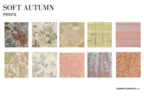 Soft Autumn: The Ultimate Guide - Gabrielle Arruda Soft Autumn Neutral Colors, Muted Autumn Aesthetic, Patterns For Soft Autumn, Soft Autumn Color Palette Aesthetic, Fair Soft Autumn Color Palette, Soft Autumn Neutral Outfits, Soft Autumn Light Color Palette, Soft Autumn Pattern, Soft Autumn Bedroom