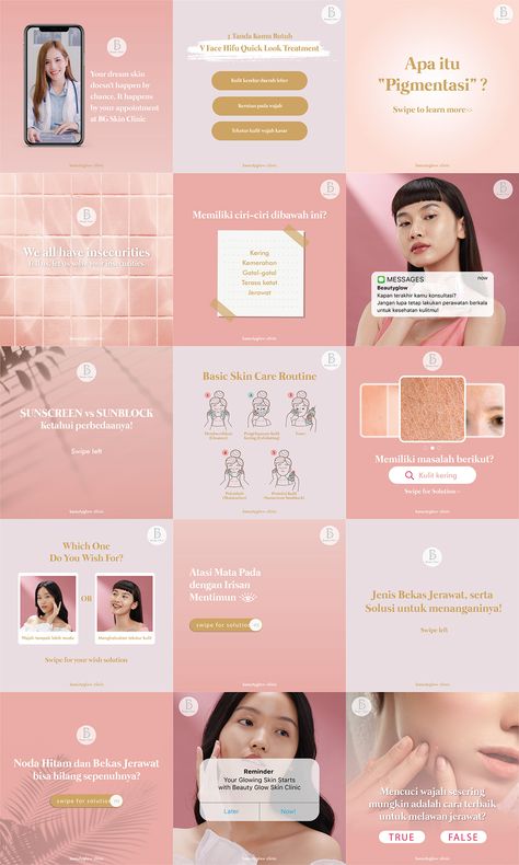 Skincare Grid Instagram, Beauty Spa Instagram Feed, Skin Instagram Feed, Beauty Products Instagram Feed, Skincare Instagram Feed Ideas, Beauty Clinic Instagram Design, Beauty Feed Instagram Ideas, Aesthetic Clinic Instagram Feed, Beauty Template Design