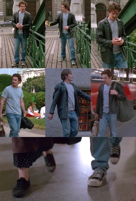 Jesse Wallace Celine Ethan Hawke Julie Delpy before sunrise before trilogy Richard Linklater 1995 Viena Austria outfits Ethan Hawke Style, Before Sunrise Outfit, Ethan Hawke Before Sunrise, Sunrise Outfit, Ethan Hawke, Before Sunrise, 90s 2000s, Fit Inspo, Ipa