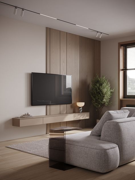 Minimalist beige apartment design on Behance Flush Tv Wall, Beige Apartment, Japandi Living Room, Minimalist Living Room Design, Japandi Living, Living Tv, Minimalist Kitchen Design, Japandi Interior, Living Room Tv Wall