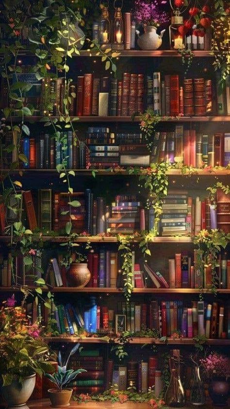 Books Plants Aesthetic, Bookcases Aesthetic, Fantasy Book Wallpaper, Libreros Aesthetic, Pretty Bookshelf, Spooky Season Wallpaper, Bookish Wallpaper, Bookshelf Art, Small Bookshelf